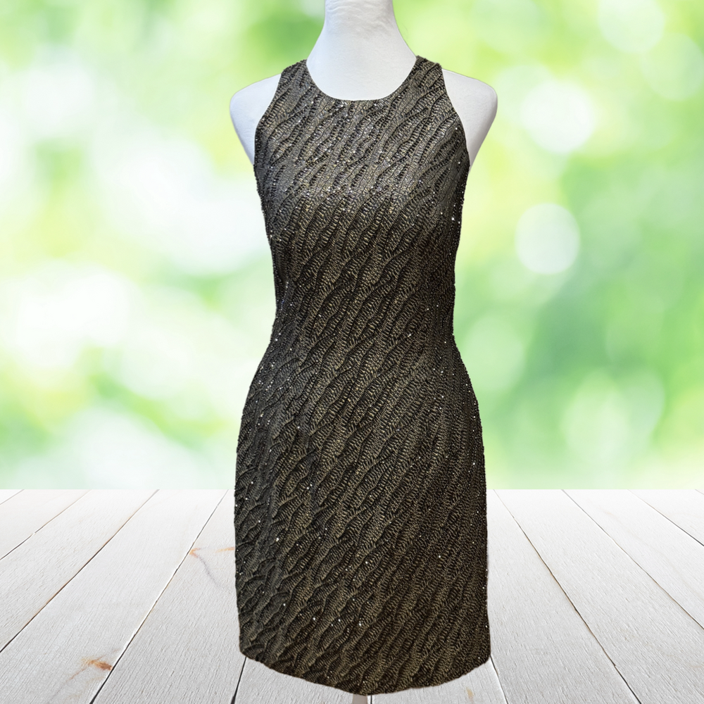 Vintage Y2K CARMEN MARC VALVO Beaded Cocktail Dress Bronze Metallic Size 4
